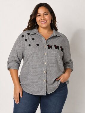 bill blass Black and White Gingham Button-Down Shirt Embroidered Accents 1X